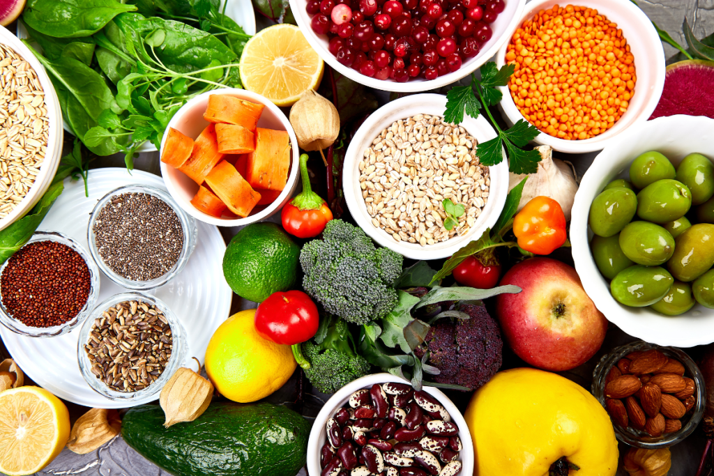 Balanced food background , organic food for healthy nutrition. Top view flat lay ,copy space 