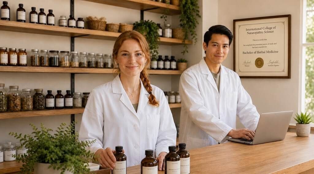 Two herbal medicine practitioners in lab coats behind an apothecary counter with herbal tinctures and a Bachelor of Herbal Medicine degree on the wall.