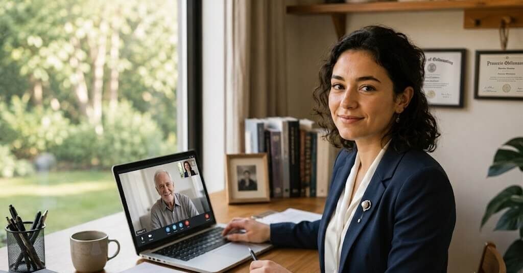 Female naturopath conducting an online video telehealth consultation on a laptop at her office desk.