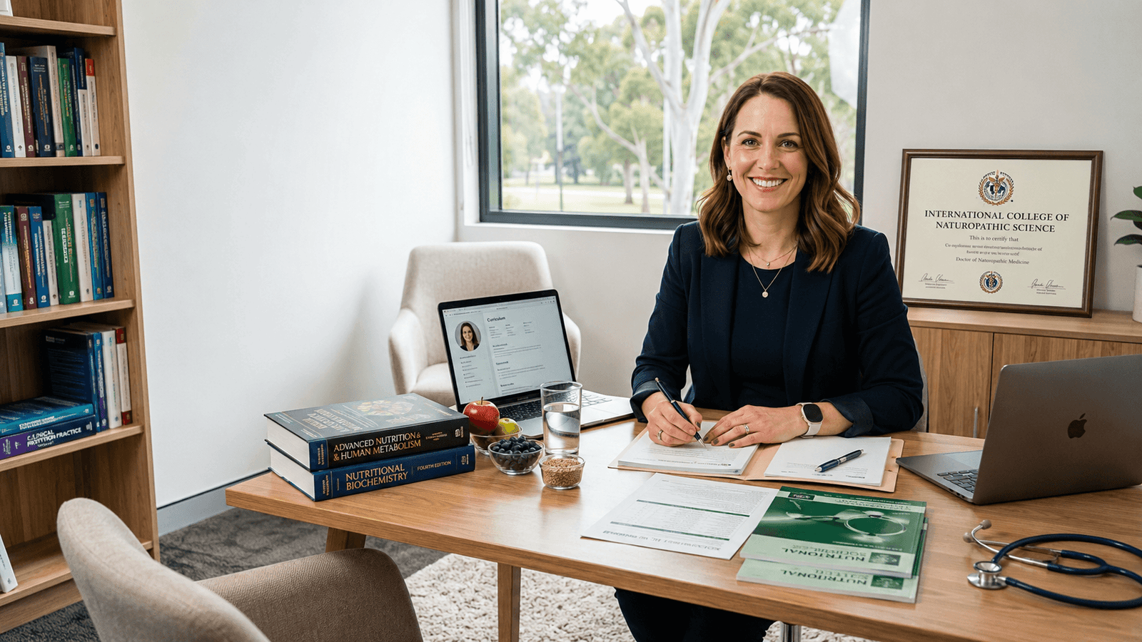 Female naturopathic doctor sitting at a desk with nutritional biochemistry textbooks, healthy snacks, a stethoscope, and a Doctor of Naturopathic Medicine diploma.
