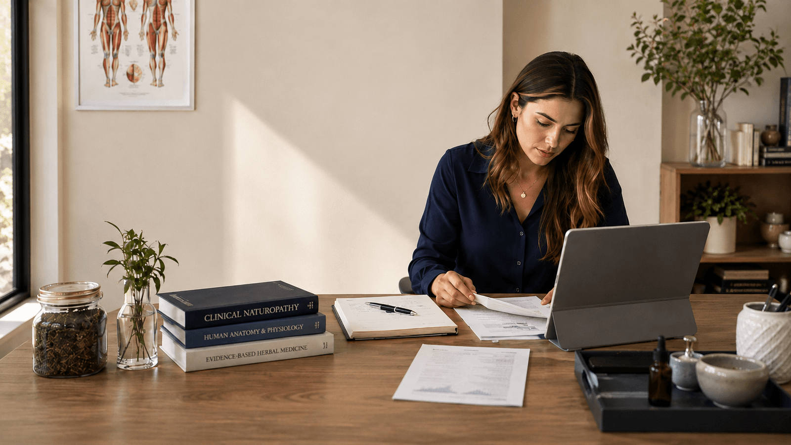 A woman with long brown hair sitting at a wooden desk in a well-lit room, looking down as she reviews documents next to a tablet.