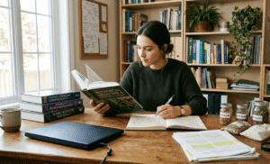 Student studying herbal medicine using botanical textbooks, printed research papers, and handwritten notes in a professional home study environment.