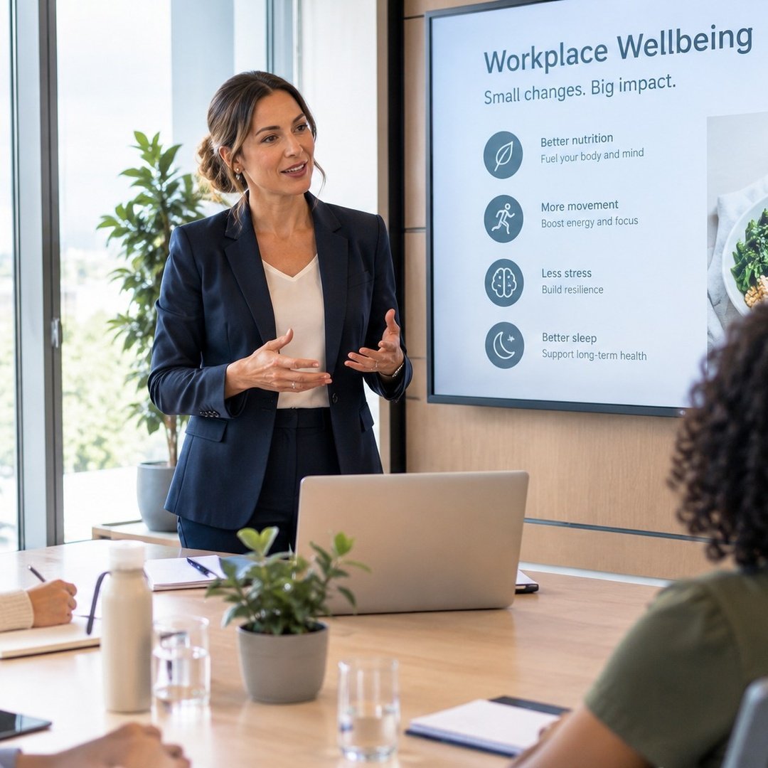 A woman in a navy suit standing beside a digital screen displaying a "Workplace Wellbeing" presentation while speaking to colleagues seated around a wooden meeting table in a brightly lit office.