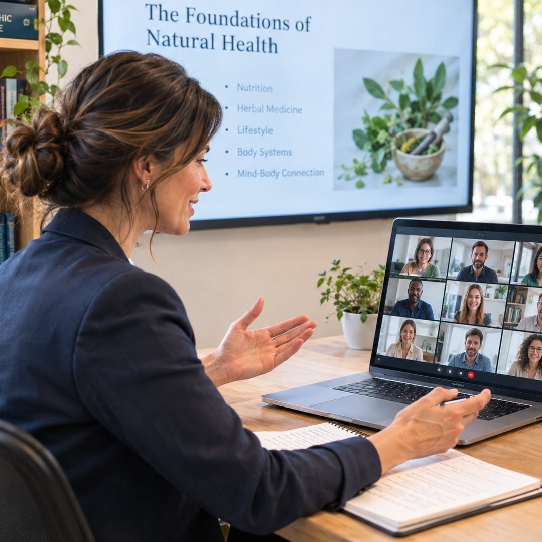Female instructor leading an online lecture on "The Foundations of Natural Health" via video call on her laptop.