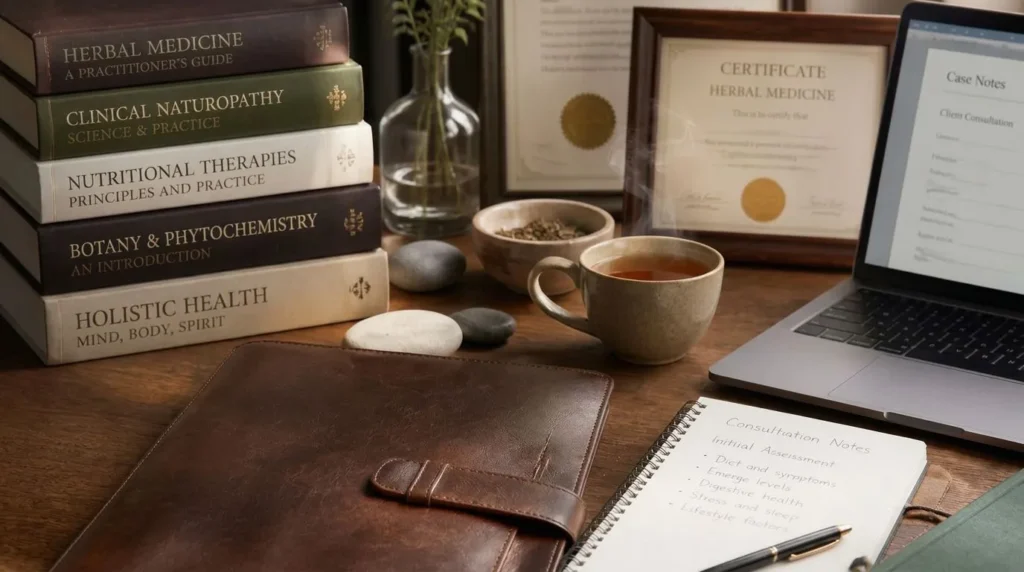 A wooden workspace with a stack of holistic medicine textbooks, a steaming cup of tea, framed certificates, a open laptop displaying case notes, and a notebook.