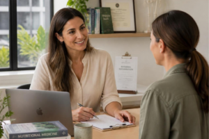 A smiling woman with long brown hair sitting at a desk holding a pen, speaking with another woman during a consultation in a professional office setting.