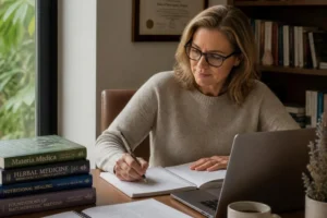A woman with glasses sitting at a desk, taking notes in a notebook next to an open laptop and a stack of medical reference books