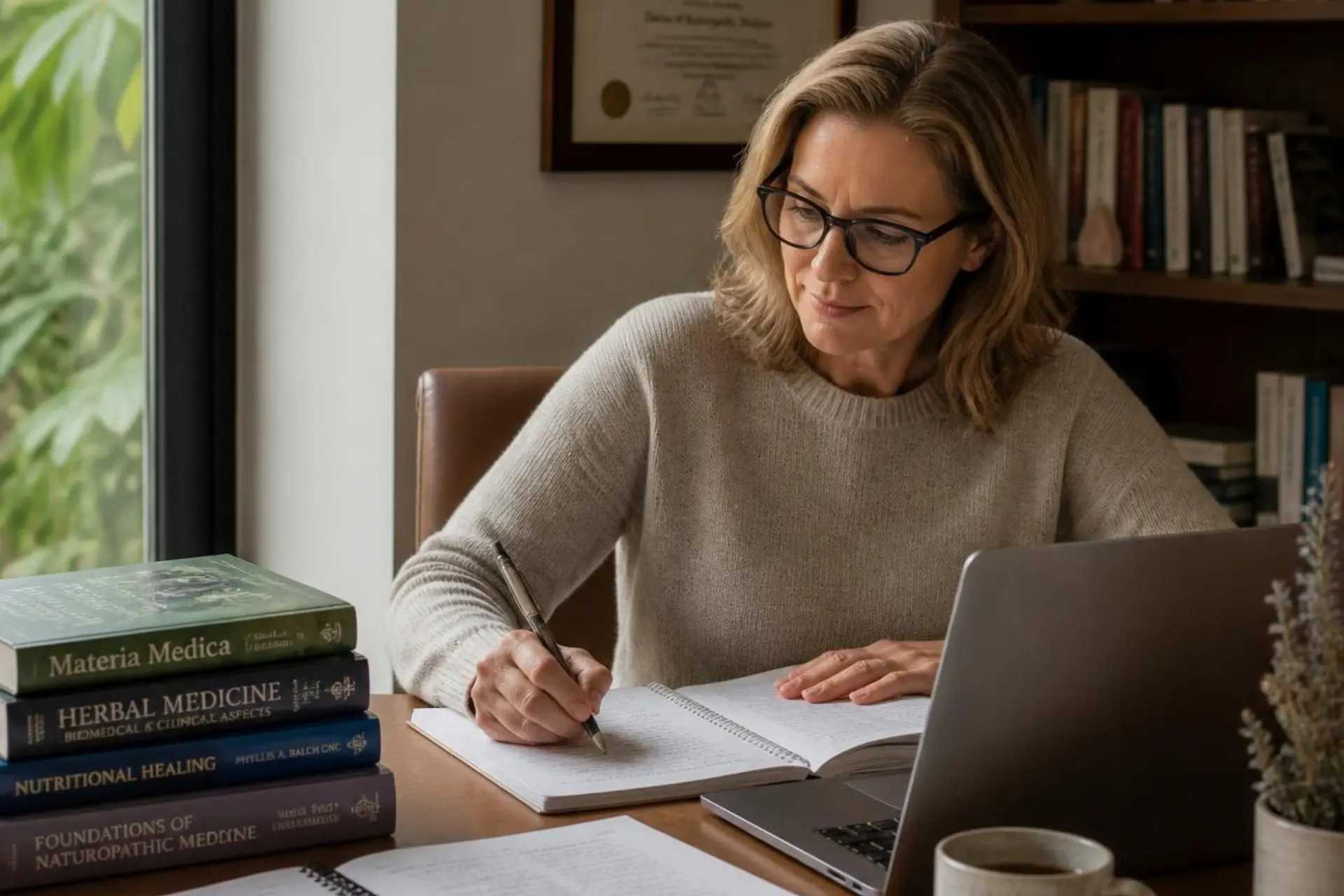 A woman with glasses sitting at a desk, taking notes in a notebook next to an open laptop and a stack of medical reference books