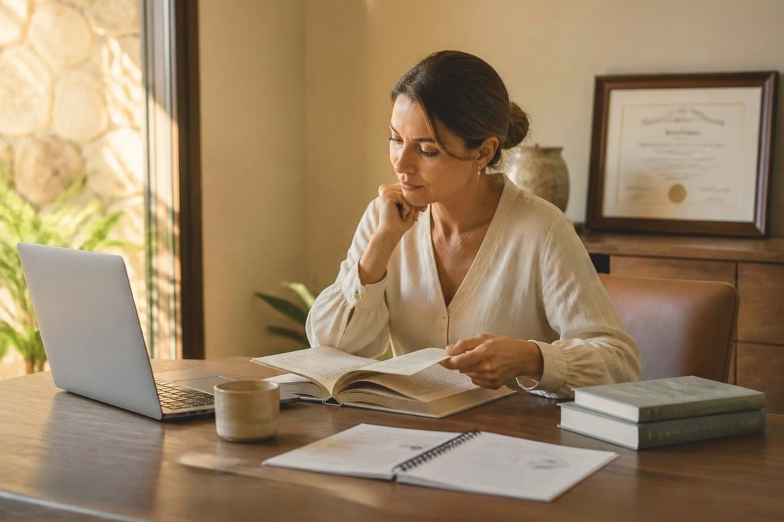 A woman sitting at a wooden desk in a warm, warmly lit office, focused on reviewing documents alongside an open laptop and notebook.